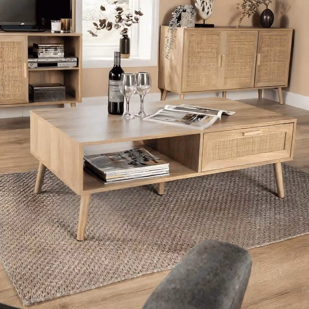 FORGEVIO Mid-Century Rectangular Coffee Table with Rattan Front Drawer and Open Shelf in Brown – 2