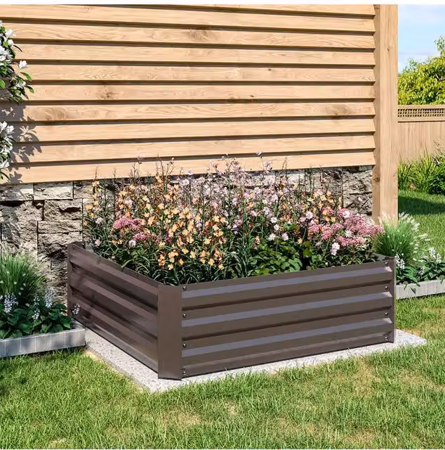 Living and Home Brown Galvanised Steel Square Raised Garden Bed Planter Box W/D/H: 100 x 100 x 30 cm – 1