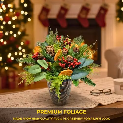 Shatchi Christmas Tree Topiary with Red Berries, Orange Slices, Eucalyptus and Rattan Balls, Green and Red Tabletop Decoration, Height: 40.64 cm – 4