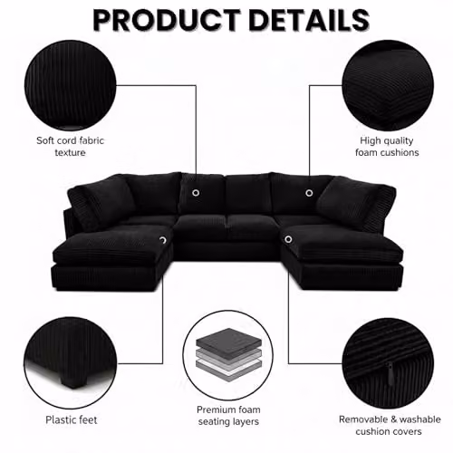 Bliss Furniture Jumbo Cord U-Shape Modular Sofa in Grey and Black with Removable Covers and Solid Birch Wood Frame – 3