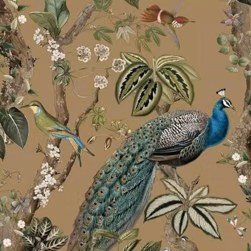 Holden Decor Peacock Woods Oriental Themed Wallpaper in Gold and Multicolour with Animal and Floral Prints