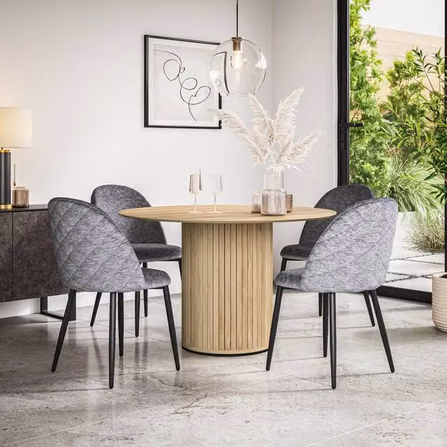 More4Homes Arlo Oak Round Dining Table and 6 Raye Grey Velvet Dining Chairs Set