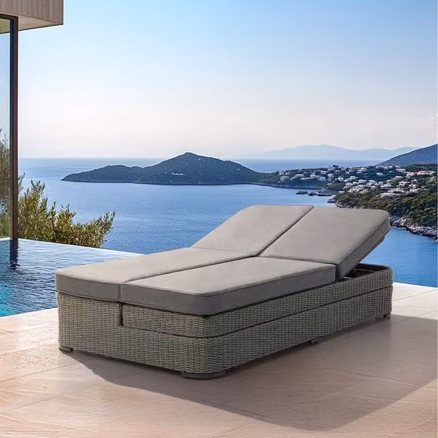 Sunjoy 2-Seater Rattan Sun Lounger in Grey with Powder Coated Aluminium Frame