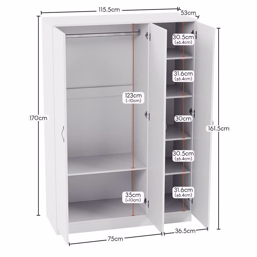 FORGEVIO White Modern 3 Door Wooden Wardrobe with Internal Shelves and Hanging Rod – 2