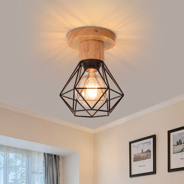 Pheashine Industrial Wood Cage Ceiling Lights, 2 Pack, Black and Wood, E27