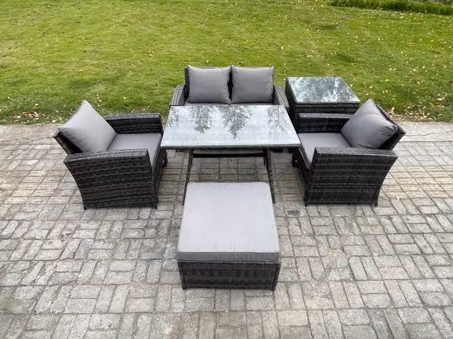 Fimous Dark Grey Rattan Outdoor Garden Furniture Set with High Back Sofa, Dining Table, Large Footstool and Side Table