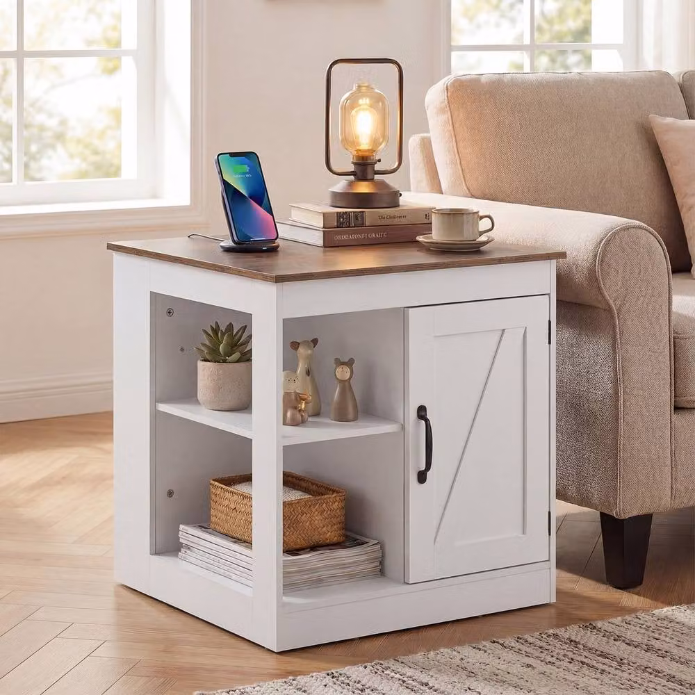 Costway Farmhouse Wooden Nightstand with Charging Station in White – 3