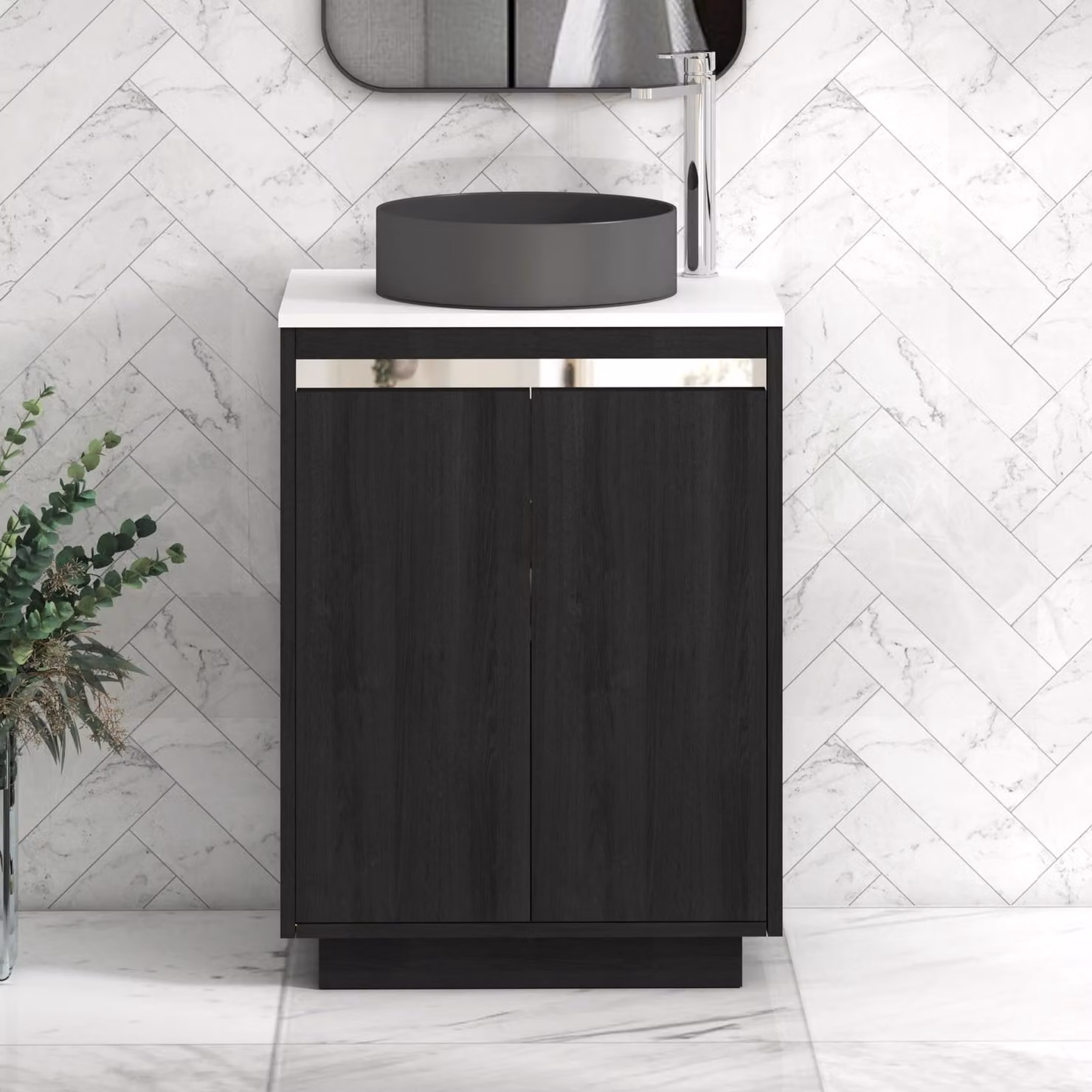 Royal Bathrooms Orion 600mm Hale Black and White Floor Standing Vanity Unit with 2 Soft Close Doors and Art Round Basin