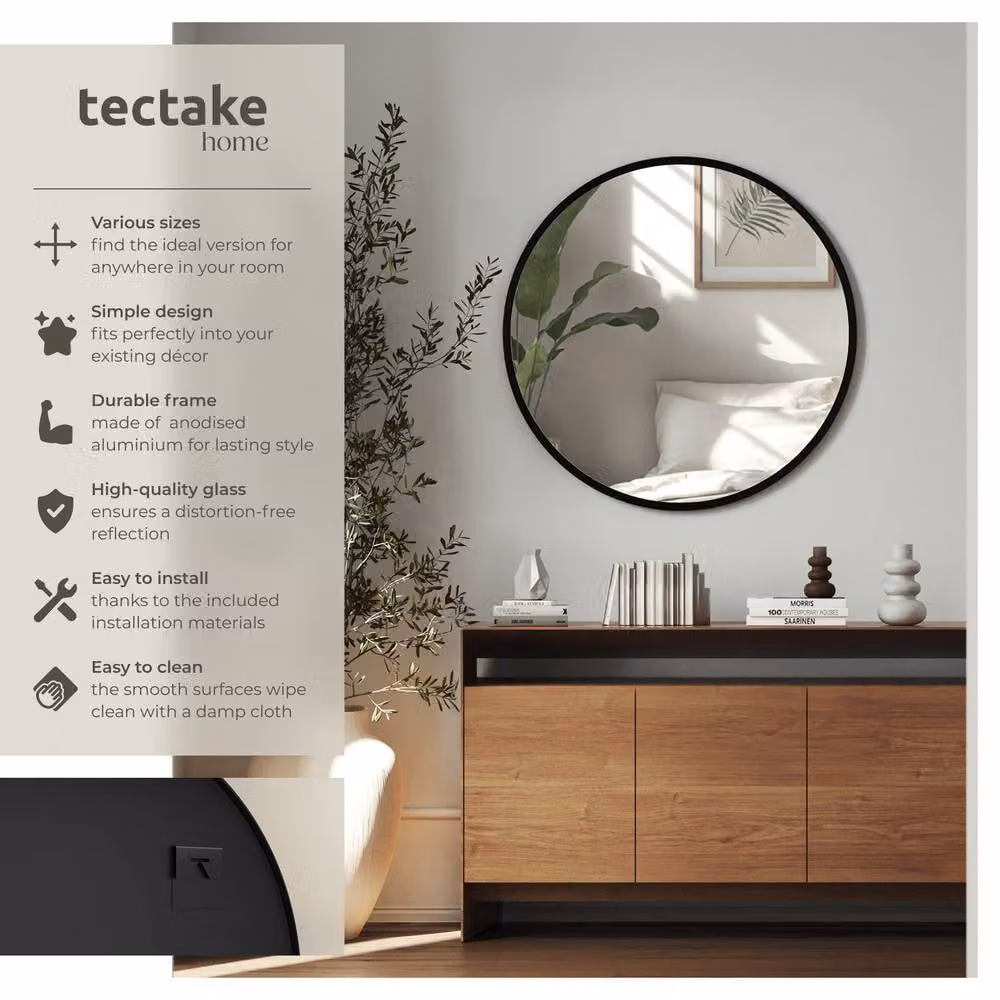 tectake Fiona Round Wall Mounted Mirror with Black Aluminium Frame, Diameter: 60 cm – 2