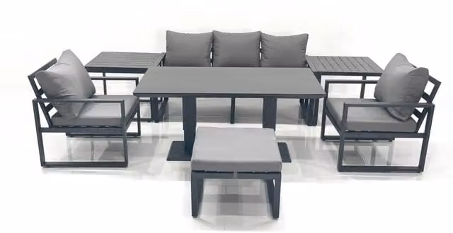 Fimous Outdoor Aluminium Garden Furniture Set in Dark Grey with Adjustable Rising Dining Table, 3 Seater Sofa, 2 Chairs, Large Footstool and 2 Side Tables