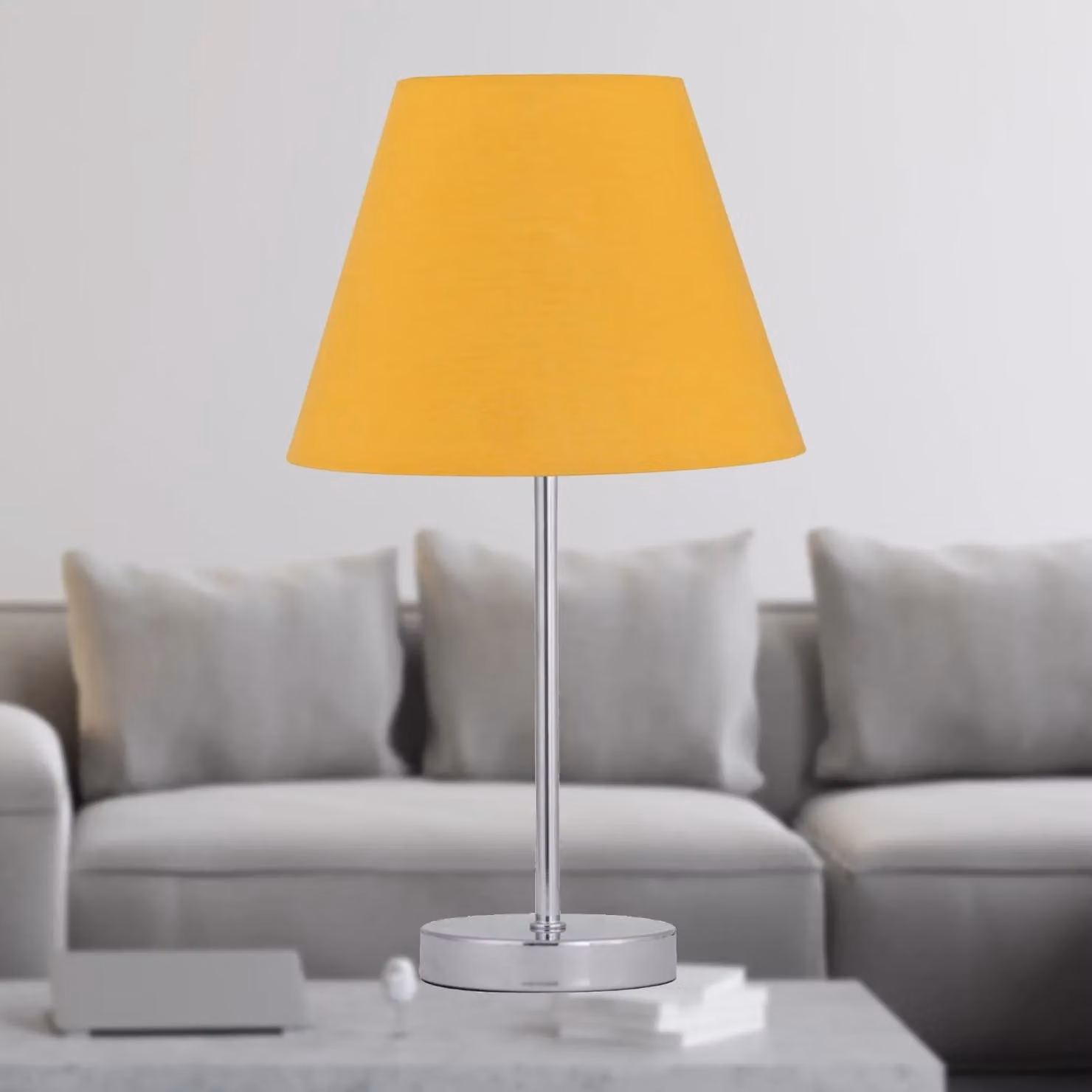 First Choice Lighting Chrome Stick Table Lamp with Ochre Fabric Shade in Silver – 2