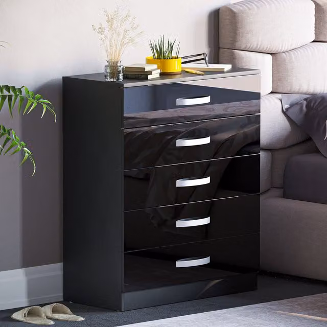 Hulio 5 Drawer Chest of Drawers in Black Glossy Finish