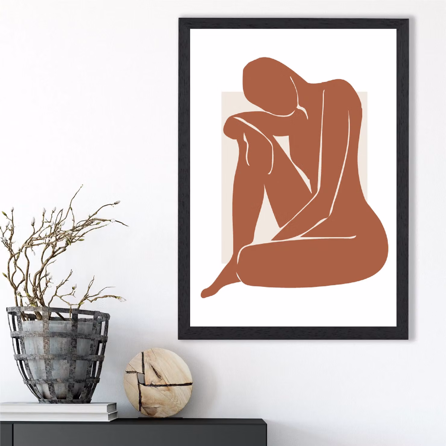 ARTZE Matisse Abstract Framed Print in Cream, Terracotta and Nude with Black Frame, A4 – 2