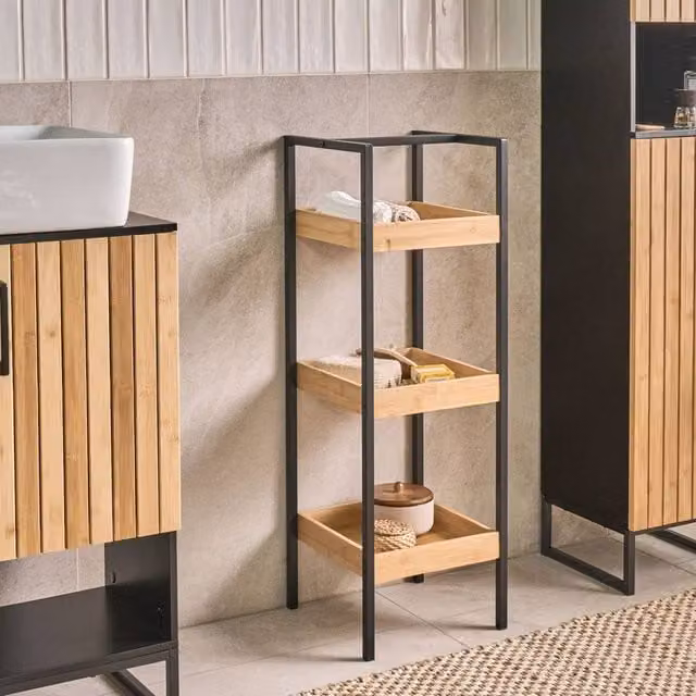 Wyld and Coco Light Brown Bamboo 3-Shelf Unit with Black Steel Frame