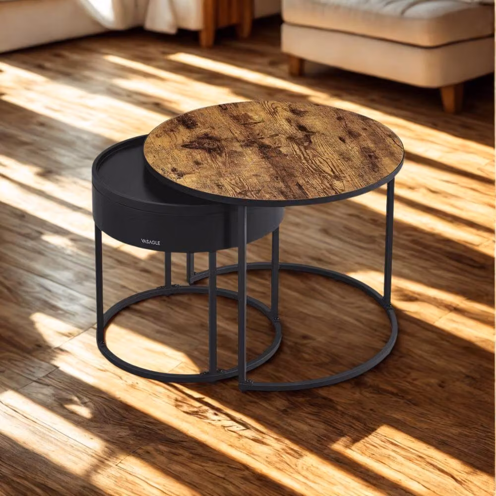 Pirlo Plush 2-Piece Industrial Round Nesting Tables in Brown – 2