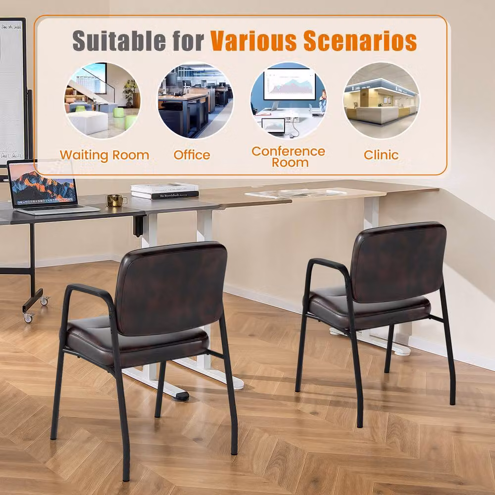 Costway Set of 2 Brown Upholstered PU Leather Waiting Room and Conference Chairs with Armrests – 5