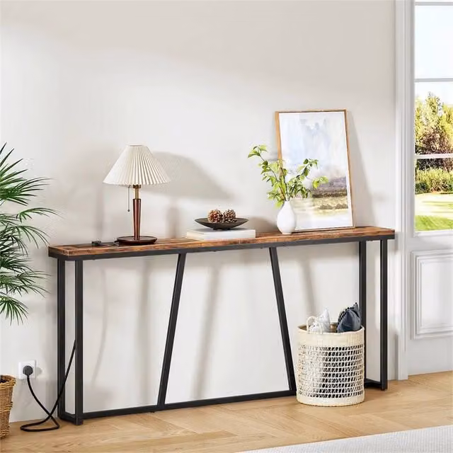 FLAVORA Rustic Brown Console Table with Charging Station, W/D/H: 180 x 15 x 80 cm
