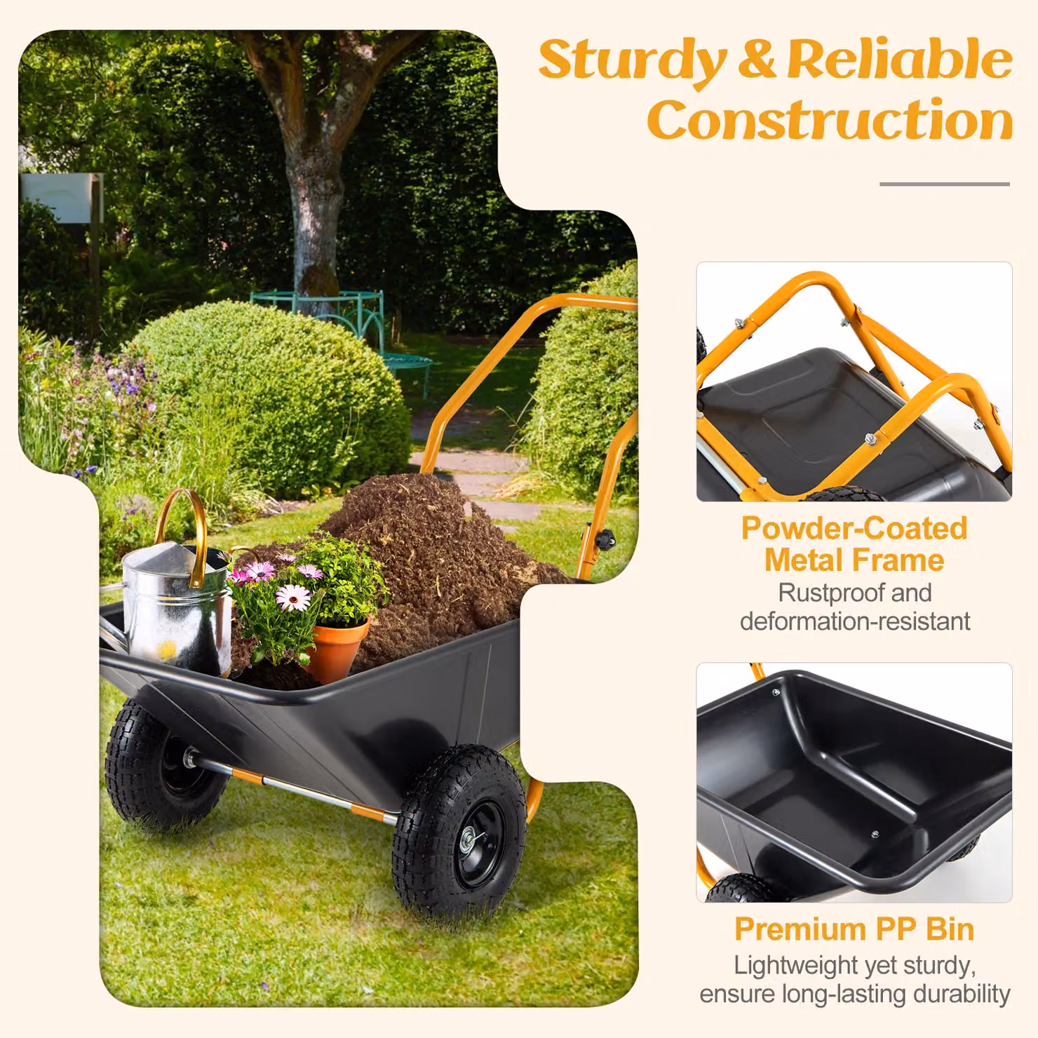 Costway Dual-Wheel Garden Utility Wheelbarrow with Foldable Handle, 80 L, Black – 5