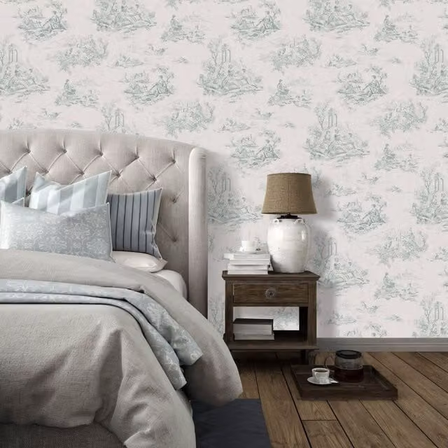 YoL Toile De Jouy Wallpaper in Green with Traditional Country Landscape and Floral Design