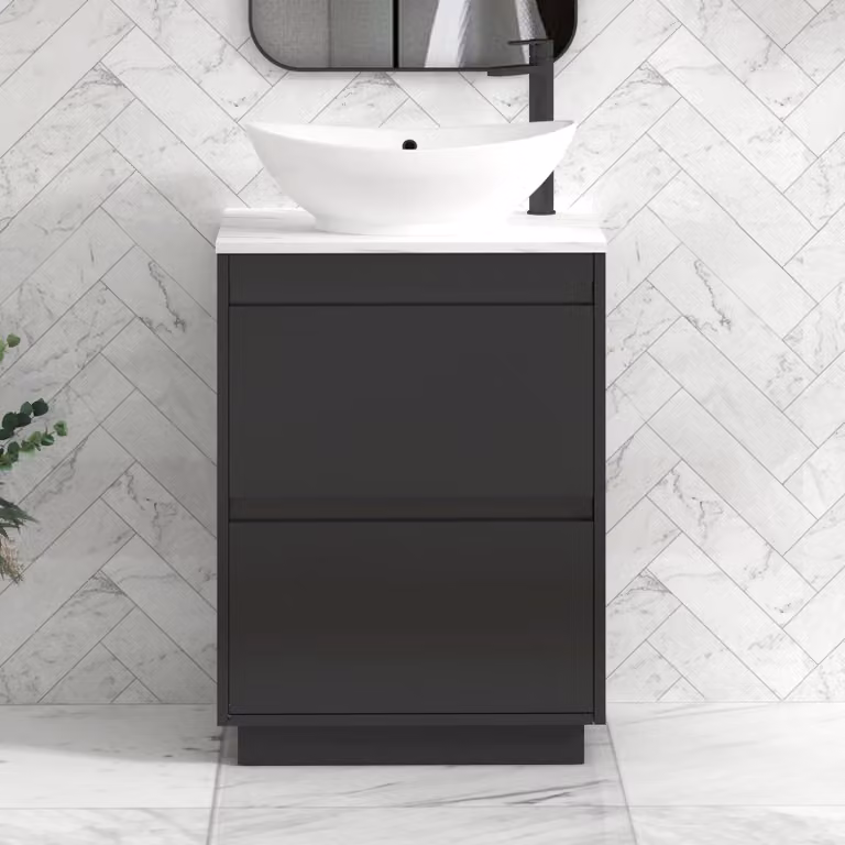 Royal Bathrooms Orion 600mm Matt Obsidian Black Floor Standing Countertop Vanity Unit with 2 Drawers, Amaze Basin and Black Accent Trim