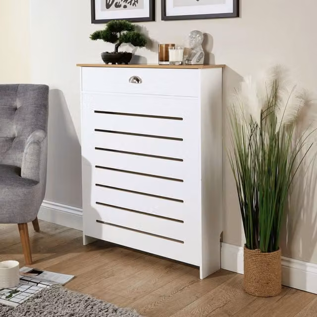 Home Source Batley Modern White MDF Radiator Cover Cabinet with Drawer and Shelf – 1