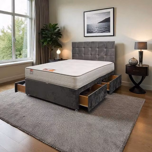 Knight Sleep Modern Upholstered Velvet Bed Set with Mattress and Drawers in Grey, W/D/H: 180 x 200 cm