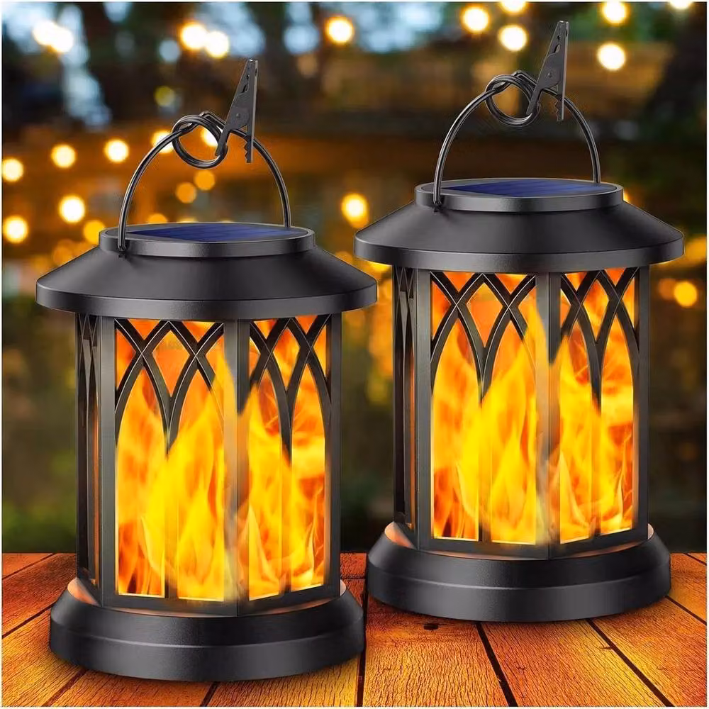 NESTLUNE 2-Piece Set of Black Metal Solar Hanging Lights with LED Flickering Flame – 4