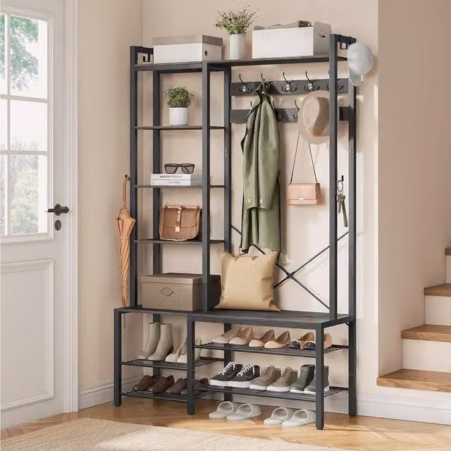 The Bazaarist Hall Tree Bench with Shoe Rack and Coat Hooks in Grey and Black – 1