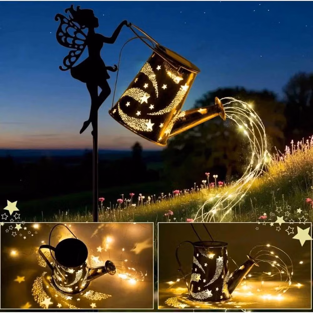 KORVIXA Solar Watering Can with 90 LED Warm White String Lights in Brown Metal – 3