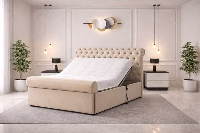 Paradise Beds Ltd Super King Electric Adjustable Bed with Spring Mattress and Matching Upholstered Headboard in Beige and Silver Fabric