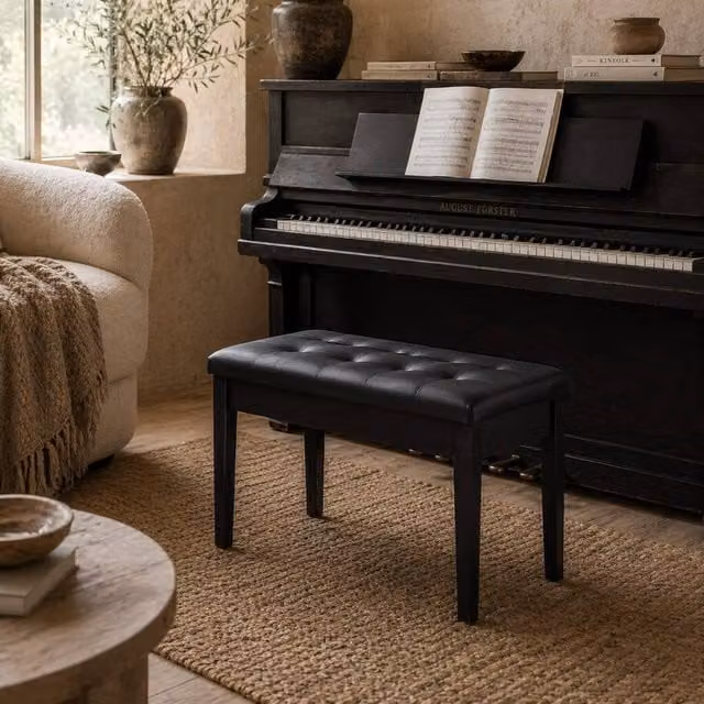 Wyld Haus Milara Black Faux Leather Piano Bench with Diamond Tufted Storage Seat W/D/H: 76 x 50 x 36 cm