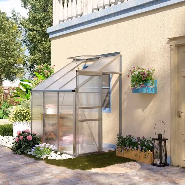OUTSUNNY Lean-to Polycarbonate Greenhouse with Sliding Door in Clear, W/D/H: 182.88 x 121.92 x 214.0 cm