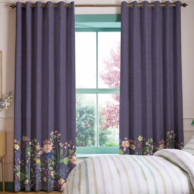 Bluebellgray Berneray Made To Measure Blackout Floral Cotton Eyelet Curtains in Midnight Blue and Purple