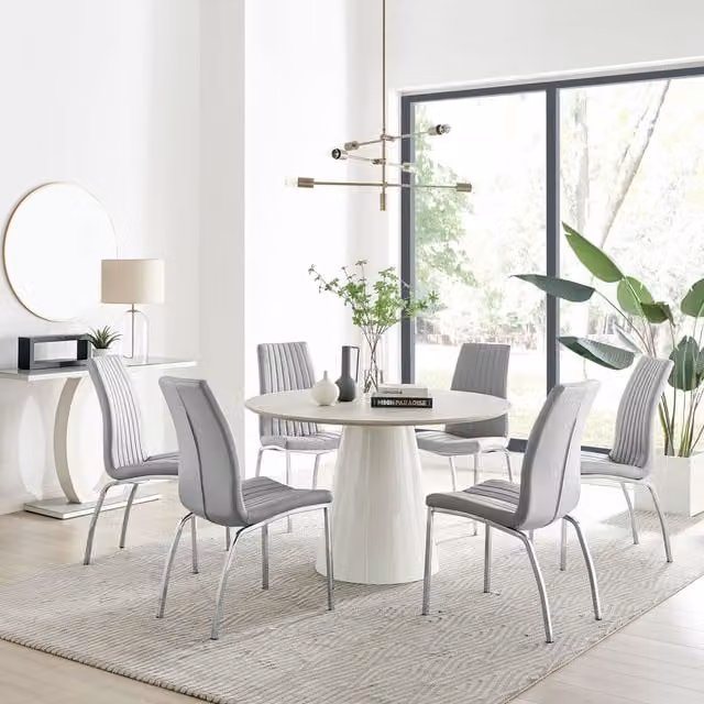 FurnitureboxUK Palma Beige Stone Effect Round Dining Table and 6 Isco Grey Chairs