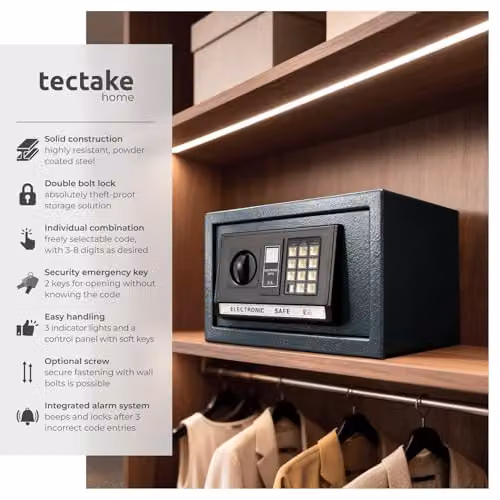 tectake High Security Electronic Digital Safe with Combination Lock, LED Display and Emergency Keys, Black, W: 20 cm, D: 31 cm, H: 22 cm – 2