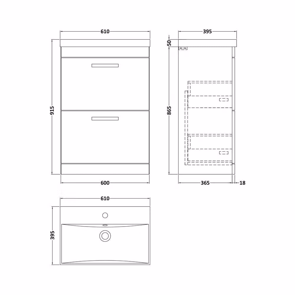 Balterley Floor Standing 2 Drawer Bathroom Vanity Unit with Thin Edge Basin, Charcoal Black, W/D/H: 61.0 x 39.0 x 91.5 cm – 2