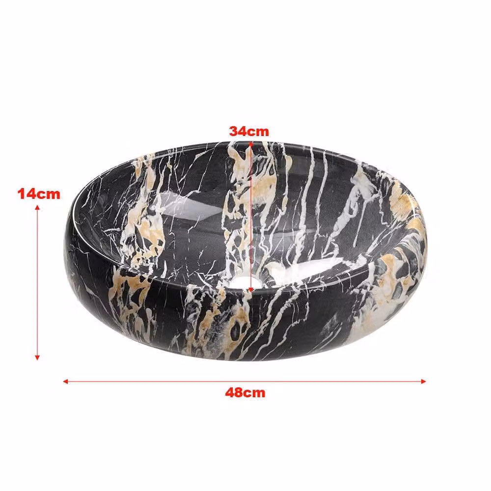 PAWNORA Black Marble Effect Ceramic Wash Basin W: 48.0 cm, D: 34.0 cm, H: 14.0 cm – 2