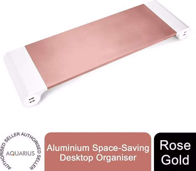 Aquarius Aluminum Space Saver Desktop Organizer with Four USB Charging Ports in Gold and Brown