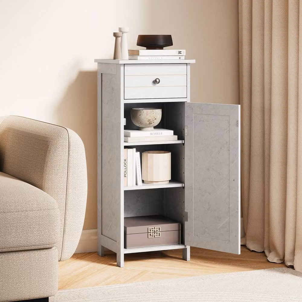 Costway Grey Wooden Floor Standing Bathroom Storage Cabinet with Hinged Doors and Internal Shelves – 2
