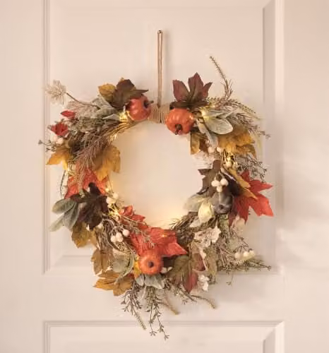 Lights4fun Pumpkin Lane Pre Lit Autumn Wreath in White, Orange, Green and Multicolour, Diameter: 50 cm
