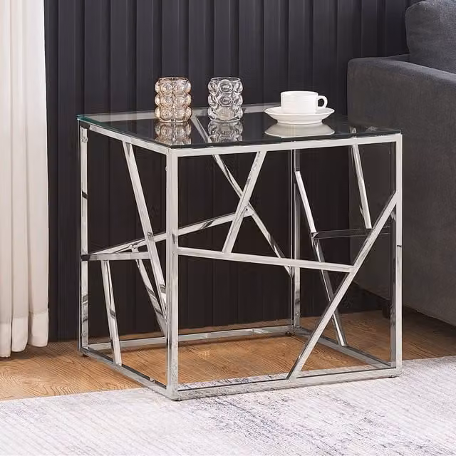Comfy Living Square Geometric Glass and Metal End Table in Silver