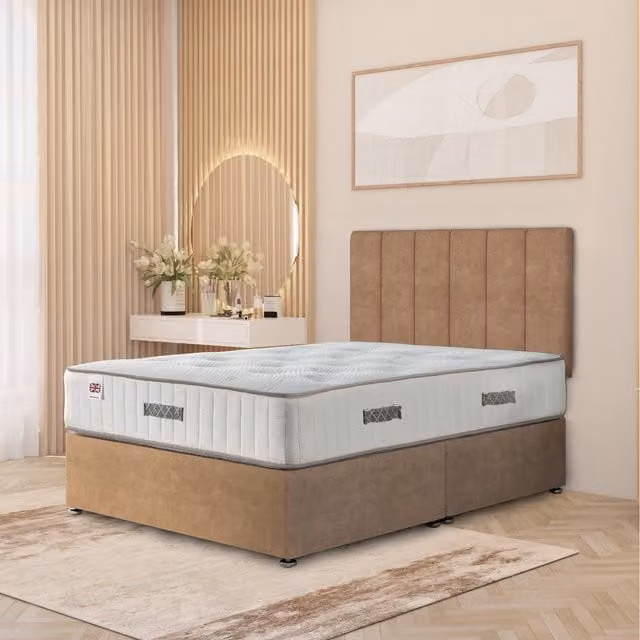 Somnior Beds Ltd Austin Plush Velvet Orthopaedic Divan Bed Set with Hybrid Mattress, Headboard and Drawers, Beige, W/D/H: 120 x 200 cm