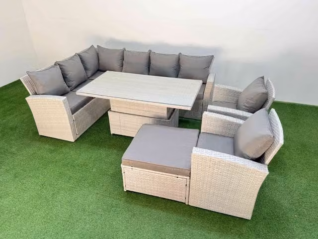 Fimous 9 Seat Garden Furniture Corner Sofa with Large Footstool in Light Grey