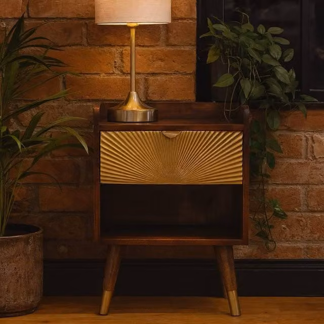 Wyld Haus Merano Gold Drawer Bedside Table in Chestnut and Brown with Brass Accents, W/D/H: 45 x 35 x 58 cm
