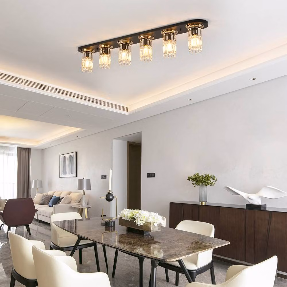 NIVOR 6 Light Crystal Linear Flush Mount Ceiling Chandelier in Black with Transparent Crystal and E27 Fittings, W: 120 cm – 3