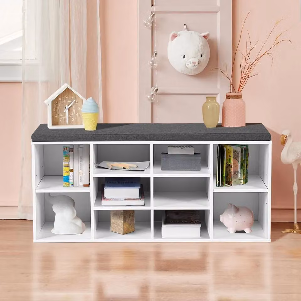 Costway Wooden Shoe Bench and Storage Rack Cabinet with Fabric Seat Cushion in White – 6