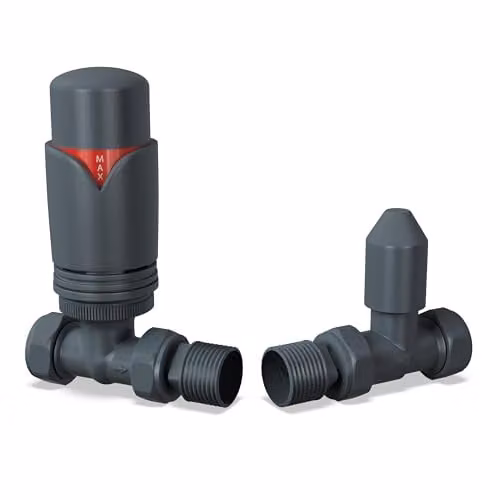 UK Radiators Anthracite Matt Thermostatic Radiator Valve and Straight Lockshield Valve Set with 10mm Reducers – 1