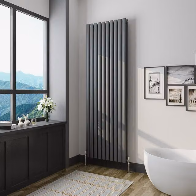 AicaBathroom Vertical Oval Column Double Radiator in Anthracite, H 180 cm x W 59 cm