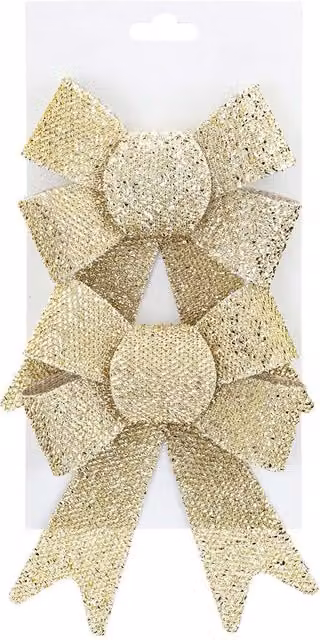 VFM e-Store Tinsel Bows Christmas Decoration, Pack of 2, Gold and Beige, W/D/H: 13 x 17 x 4.5 cm