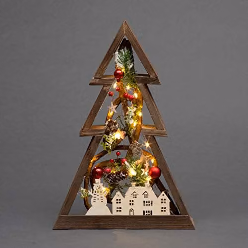 Shatchi 39cm LED Pre-Lit Wooden Tabletop Christmas Tree Decoration with Scandinavian Nordic Scene in Brown and Red